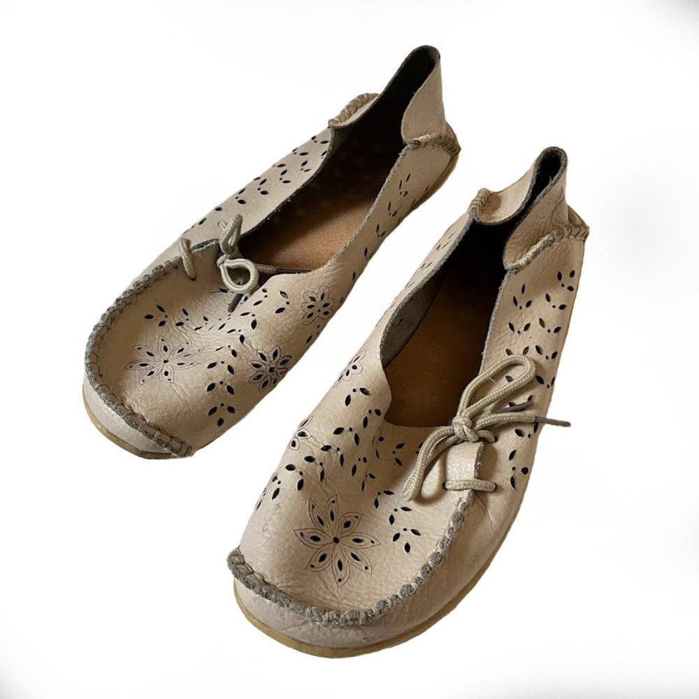 Tan Leather Slip on Loafers‎ with Floral Cutouts Size 37